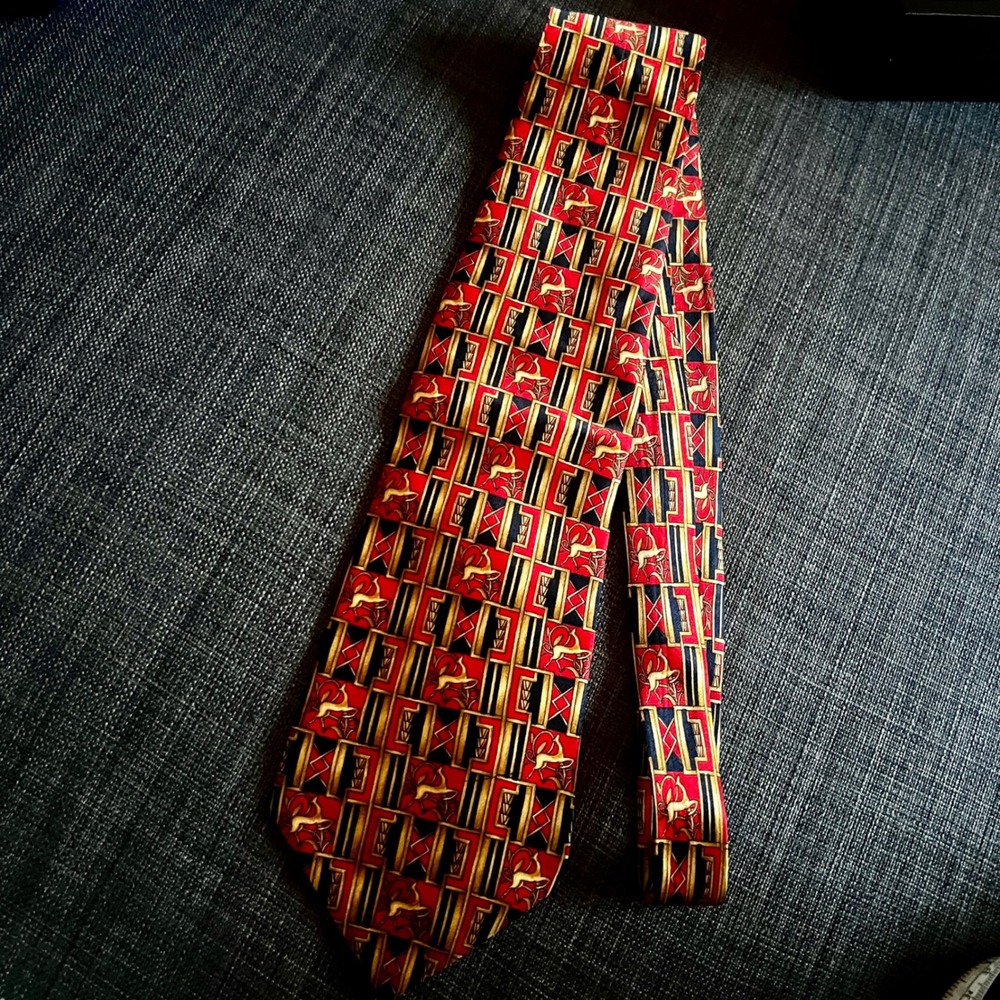 LANVIN Paris Necktie Red Black‎ Gold Patterned Geometric Vintage Tie 0214